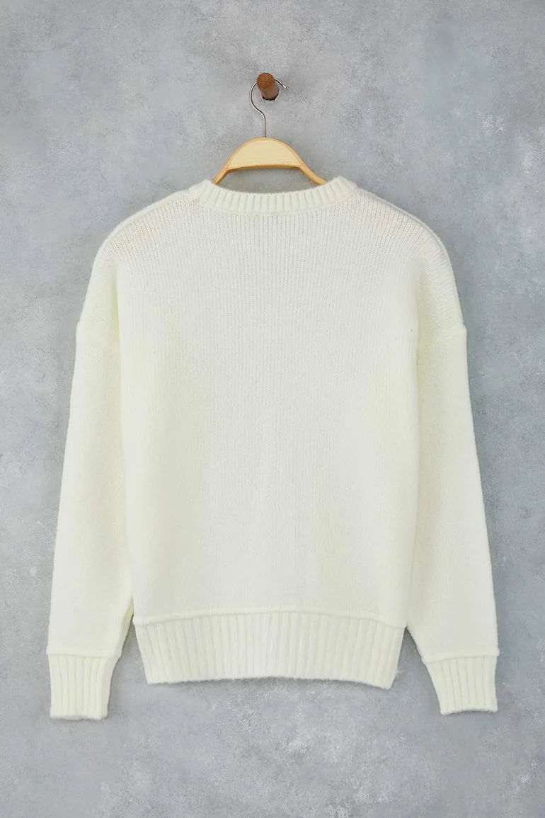 Ecru Soft Texture Wide Pattern Stitch Detailed Knitwear Sweater - 5