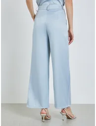 Women Blue Fold Pleat Wide Leg Formal Pants - 4