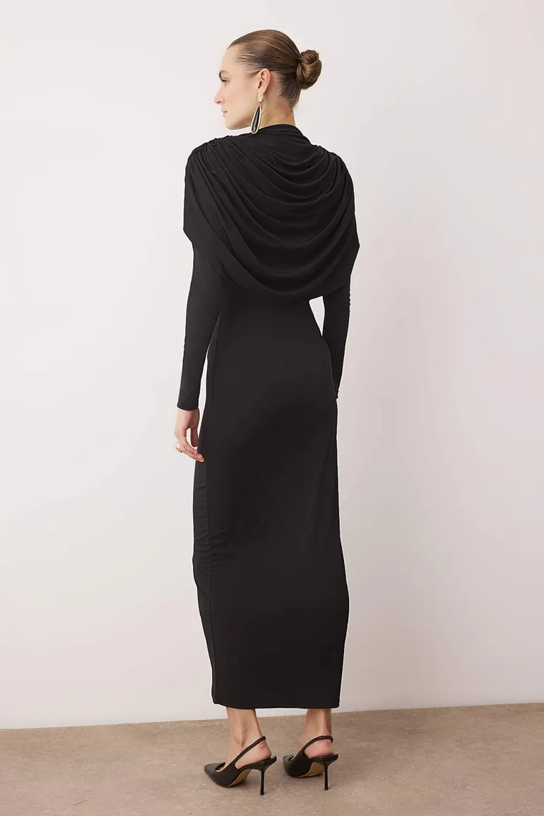 Black Collar Detailed Knitted Stylish/Evening Dress - 3