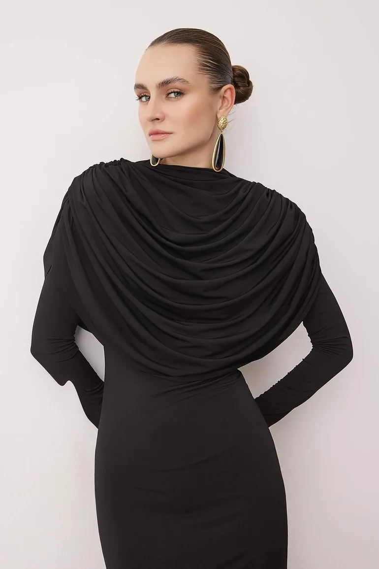 Black Collar Detailed Knitted Stylish/Evening Dress - 1