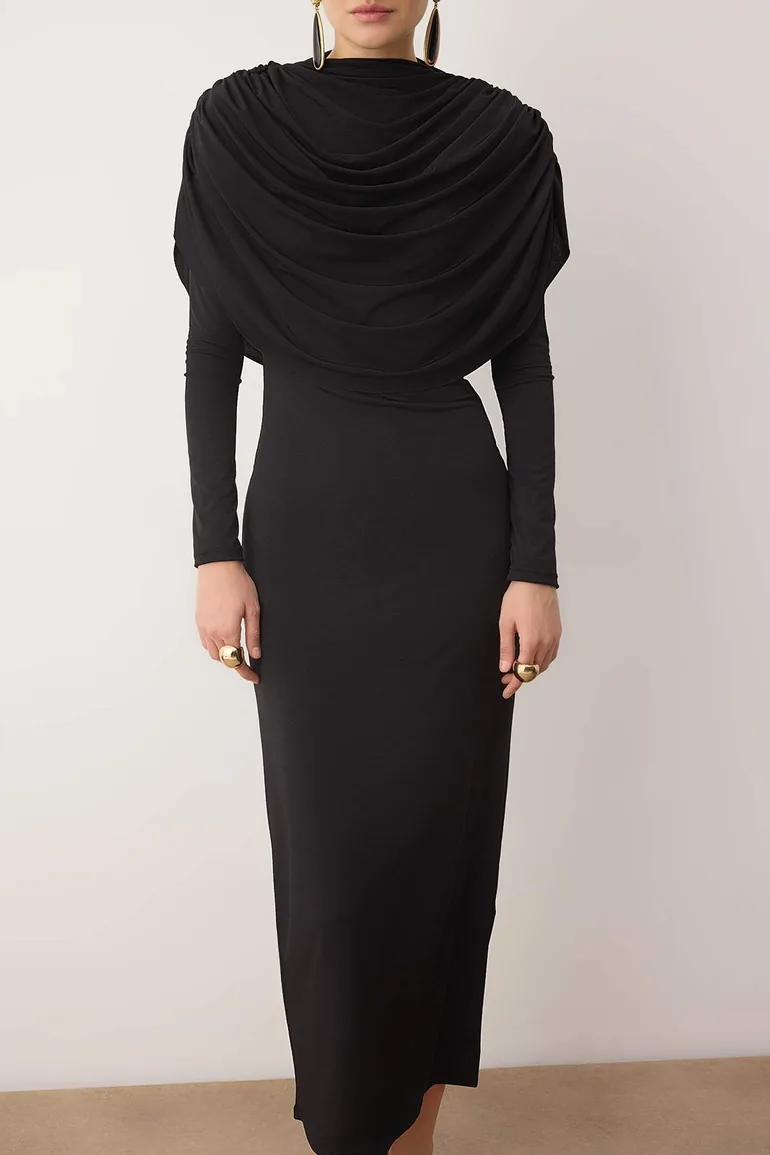 Black Collar Detailed Knitted Stylish/Evening Dress - 2