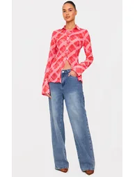 Red Check Print Chiffon Fitted Shirt - 2