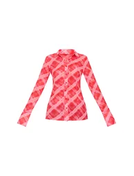 Red Check Print Chiffon Fitted Shirt - 4
