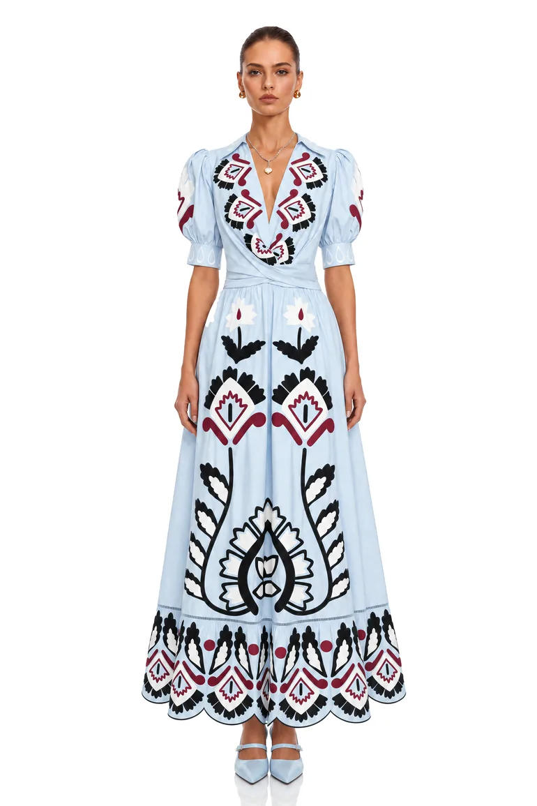 Catrina Blue Printed Collared Short Sleeve Maxi Dress
