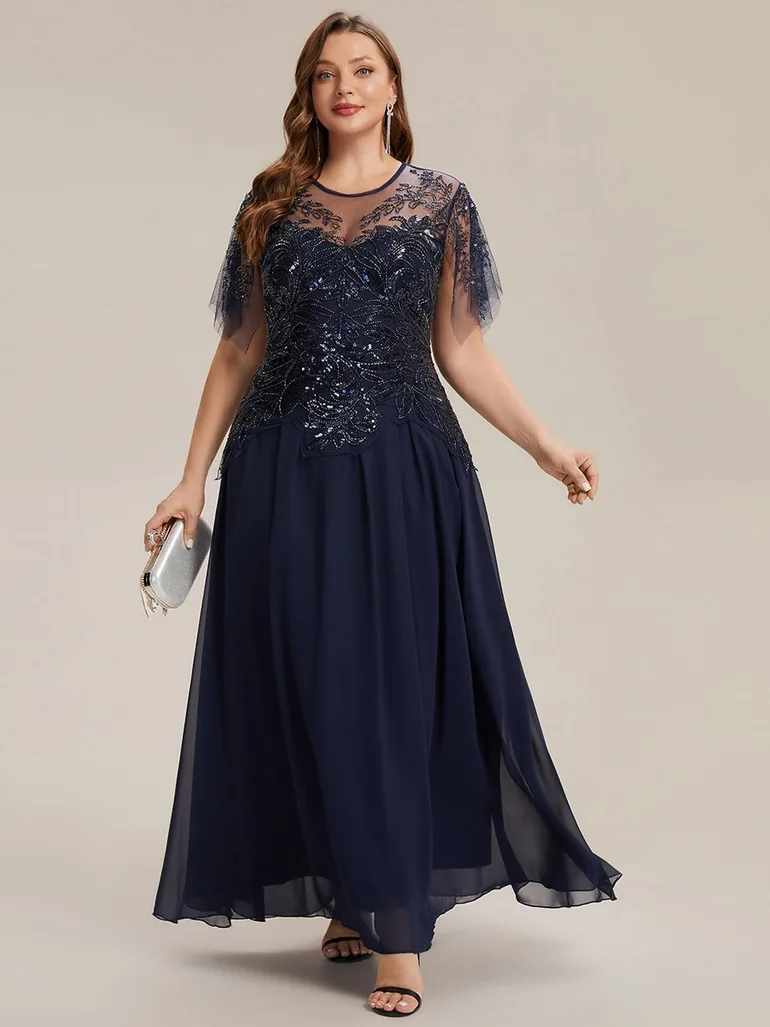 ever LUSTRE|Embroidered Sequin Ruffle Sleeve Black Tie Evening Dress - 5