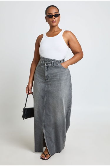 Plus Cross Waistband Midi Skirt - greywash