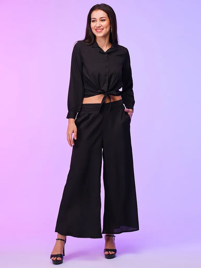 Black Front Tie Up Shirt and Palazzos Co-Ords