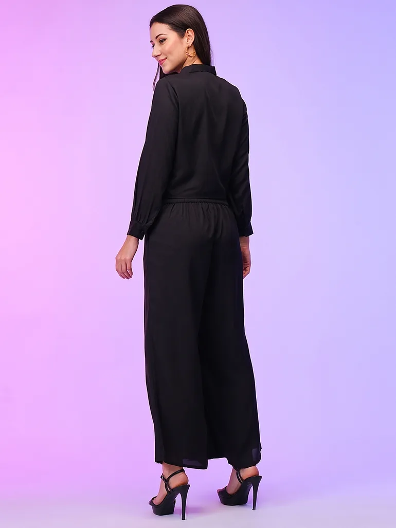 Black Front Tie Up Shirt and Palazzos Co-Ords - 2