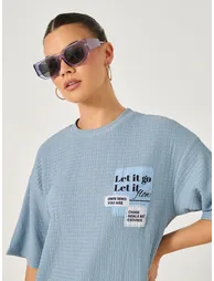 Textured Oversized T-Shirtâ€‹ with Printed Patchwork Detail - 3