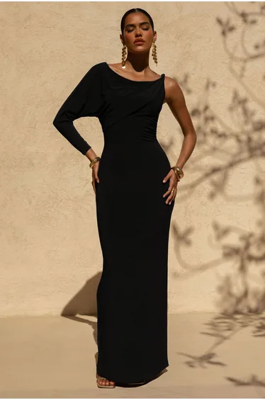 Floria | Black Draped One-Sleeve Maxi Dress