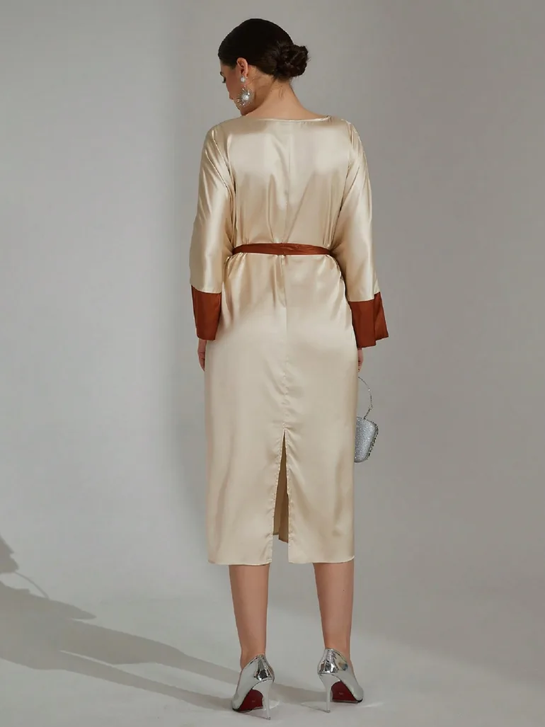 Beige Contrast Cuff Midi Dress with Tie Belt - 4