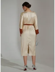 Beige Contrast Cuff Midi Dress with Tie Belt - 4