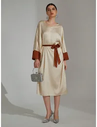 Beige Contrast Cuff Midi Dress with Tie Belt - 2