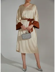 Beige Contrast Cuff Midi Dress with Tie Belt - 1