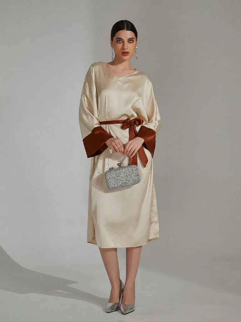 Beige Contrast Cuff Midi Dress with Tie Belt - 5