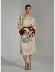 Beige Contrast Cuff Midi Dress with Tie Belt - 5