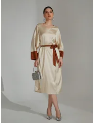 Beige Contrast Cuff Midi Dress with Tie Belt