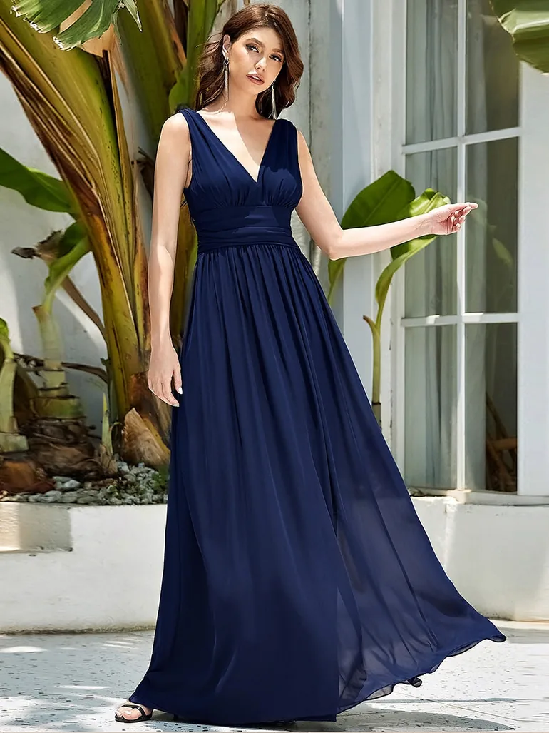 Elegant Double V-Neck Maxi Bridesmaid Dresses - 2