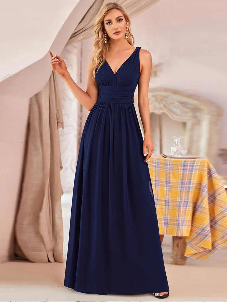 Elegant Double V-Neck Maxi Bridesmaid Dresses - 3
