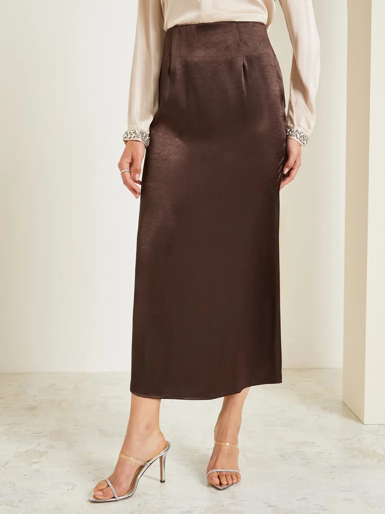 Brown Satin A-Line Maxi Skirt - 1