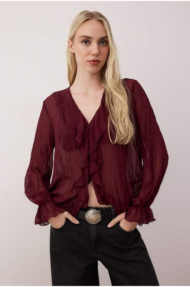 Plum Wrinkled Look Chiffon Transparent Shirt