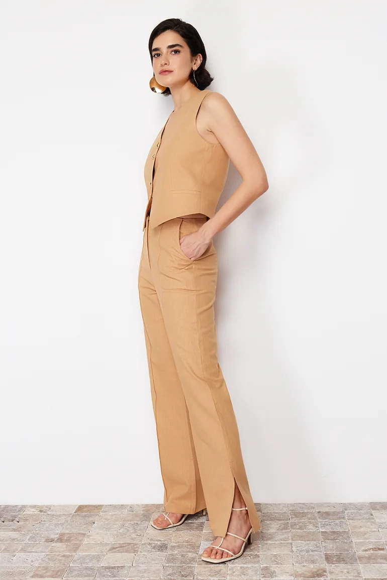 Camel Straight/Straight Fit Linen Woven Trousers - 1