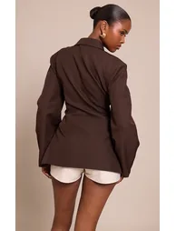 Chocolate Asymmetric Detail Cocoon Sleeve Blazer - 2