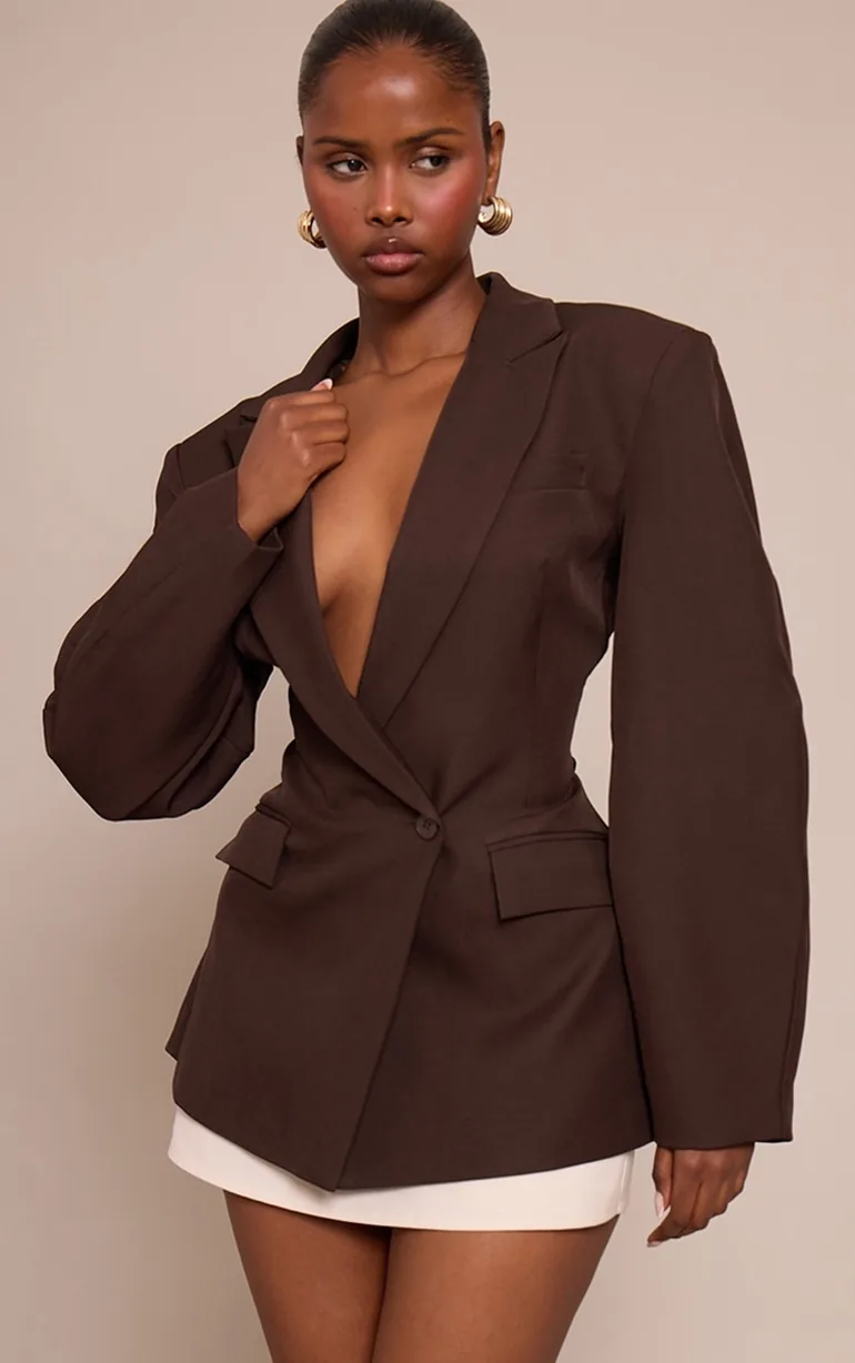 Chocolate Asymmetric Detail Cocoon Sleeve Blazer - 1