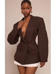 Chocolate Asymmetric Detail Cocoon Sleeve Blazer - 5