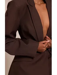 Chocolate Asymmetric Detail Cocoon Sleeve Blazer - 3