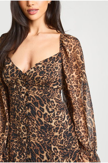 Textured Chiffon Leopard Godet Hem Mini Dress - leopard product thumbnail 4