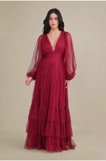 Madison Long Sleeve Tulle Wrap Maxi Dress in Raspberry