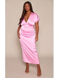 Plus Pink Satin Plunge Midi Dress