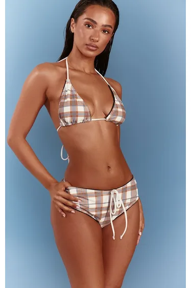 Brown Gingham Print Triangle Bikini Top
