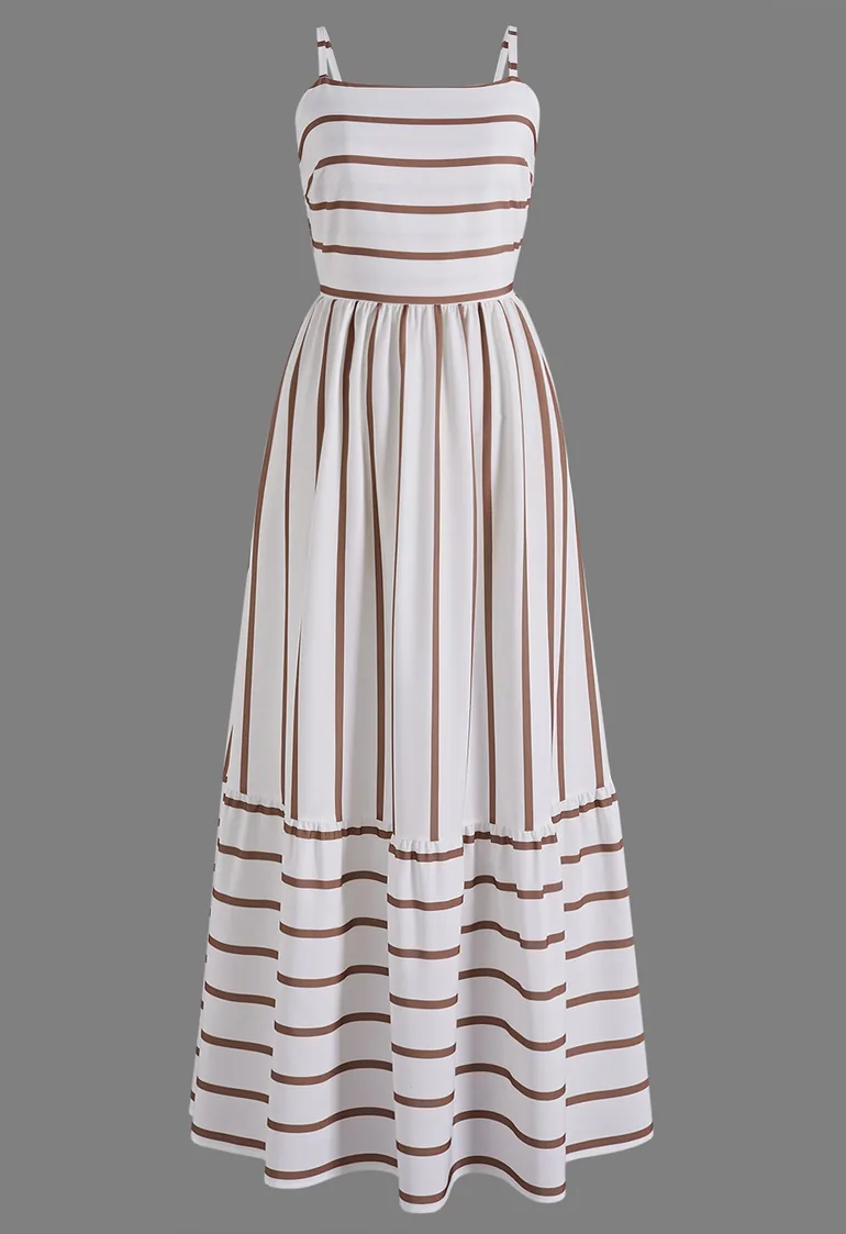 Two-Tone Striped Cutout Back Cami Maxi Dress in Brown for City Strolls & Coastal Vacations - 4