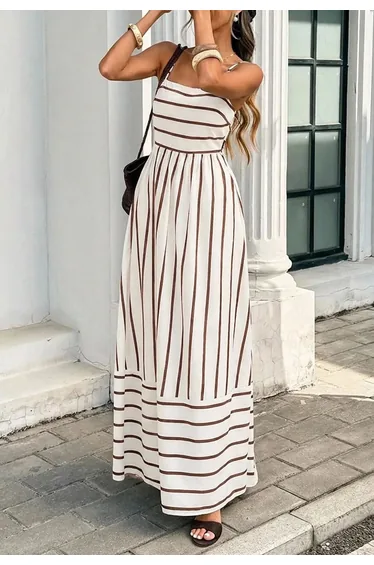 Two-Tone Striped Cutout Back Cami Maxi Dress in Brown for City Strolls & Coastal Vacations