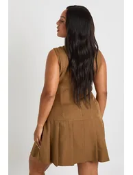 Plus Woven Button Down Pleated Skater Dress - brown - 2