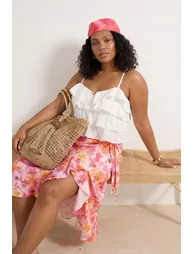 Beach Wear Ecru Woven Ruffled Short Plus Size Blouse - 1