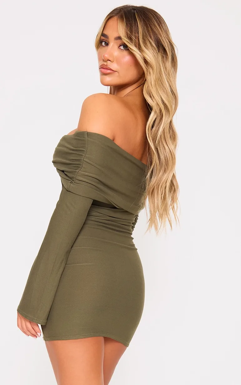 Khaki Soft Touch Twist Bardot Bodycon Dress - 2