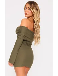 Khaki Soft Touch Twist Bardot Bodycon Dress - 2