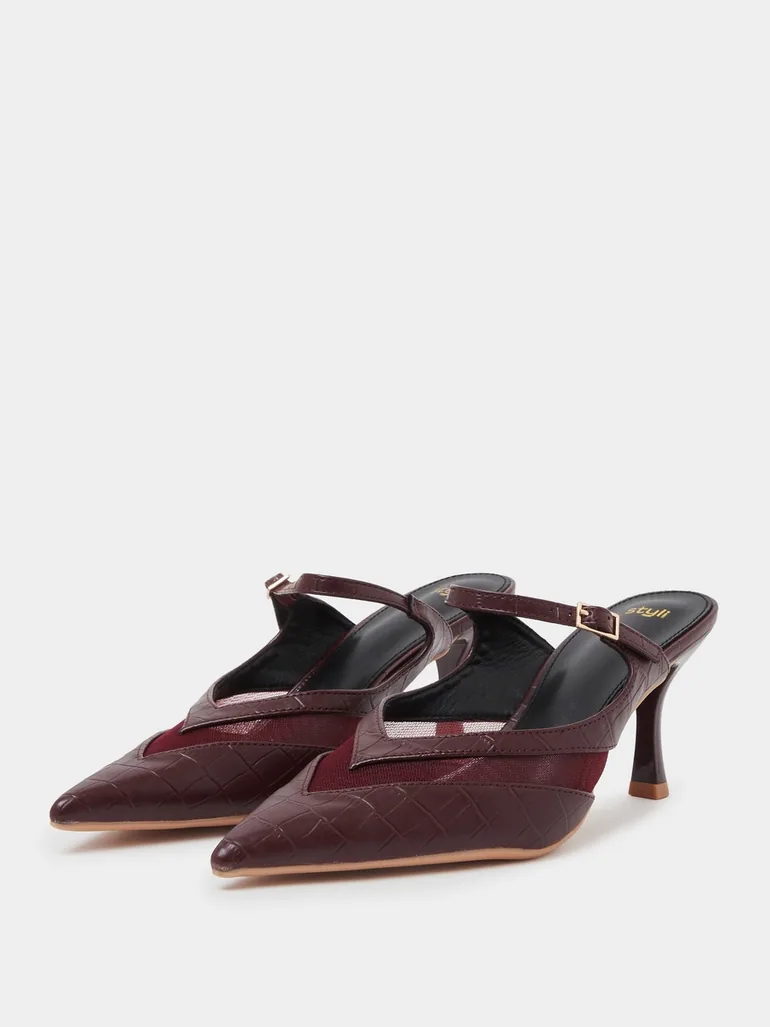 Burgundy Mesh Details High Heel Mules - 1