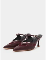 Burgundy Mesh Details High Heel Mules - 1