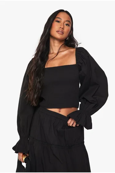 Shirred Cotton Poplin Blouse - black