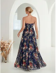Leely Elegant Strapless Sleeveless Printed Evening Gown - 1