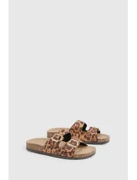 Double Buckle Footbed Sliders - leopard - 1