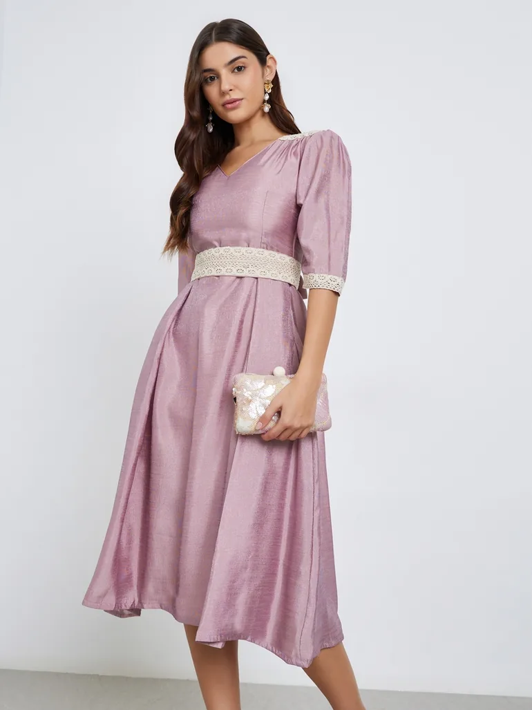 Pink Lace Insert Flared Midi Dress - 1