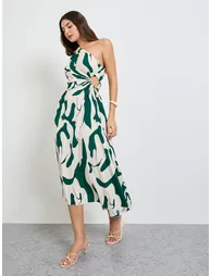 Cream One Sleeve Midi Dress with Ruched Detail - 1