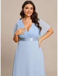 ever MONICA|Long Empire Waist Bridesmaid Dress with Short Flutter Sleeves - 7