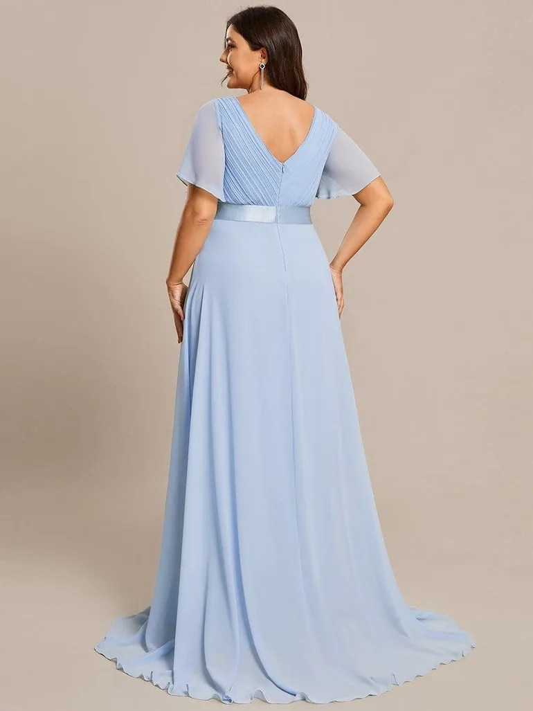 ever MONICA|Long Empire Waist Bridesmaid Dress with Short Flutter Sleeves - 6