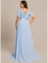 ever MONICA|Long Empire Waist Bridesmaid Dress with Short Flutter Sleeves - 6
